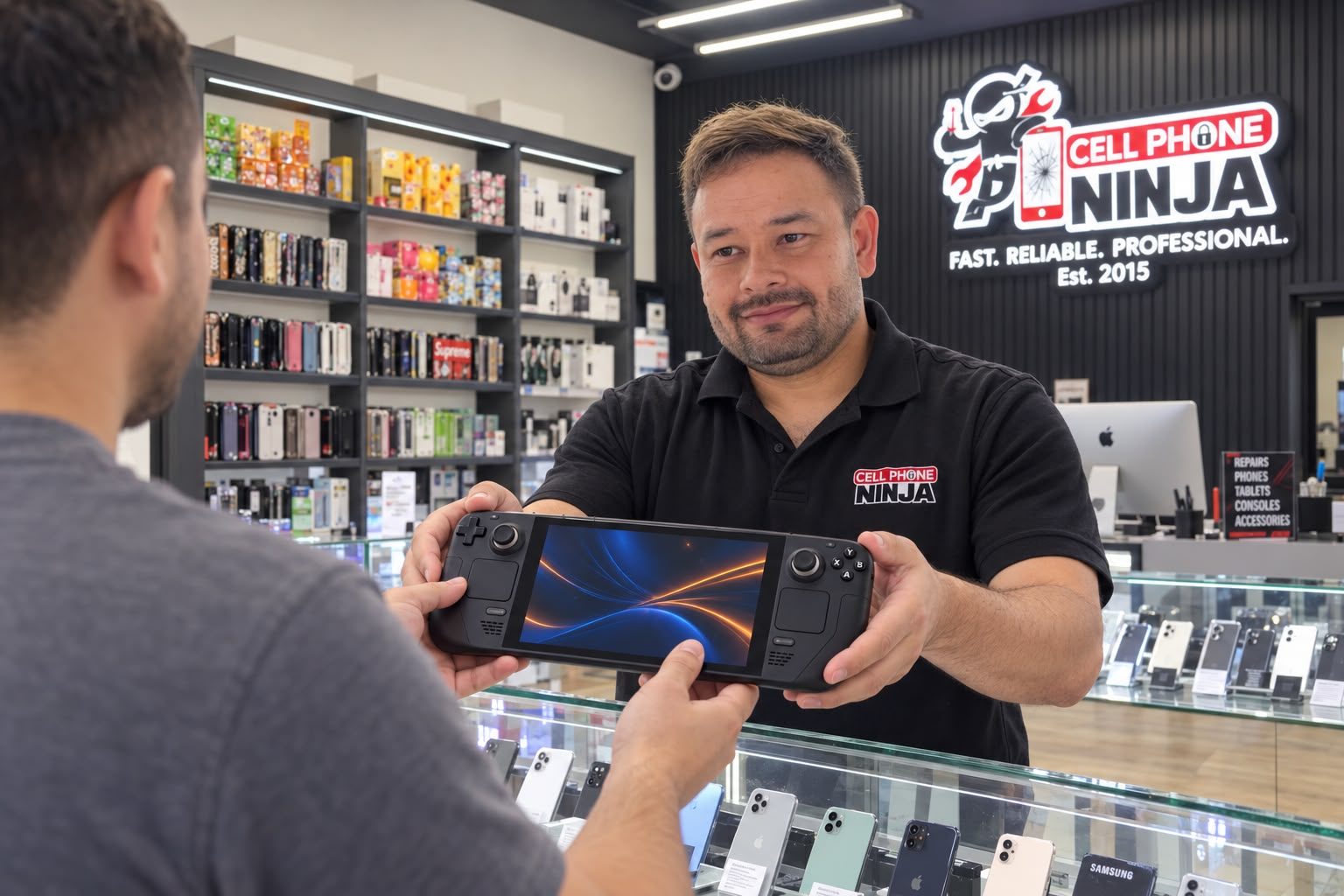 Repaired handheld console handed back to the customer