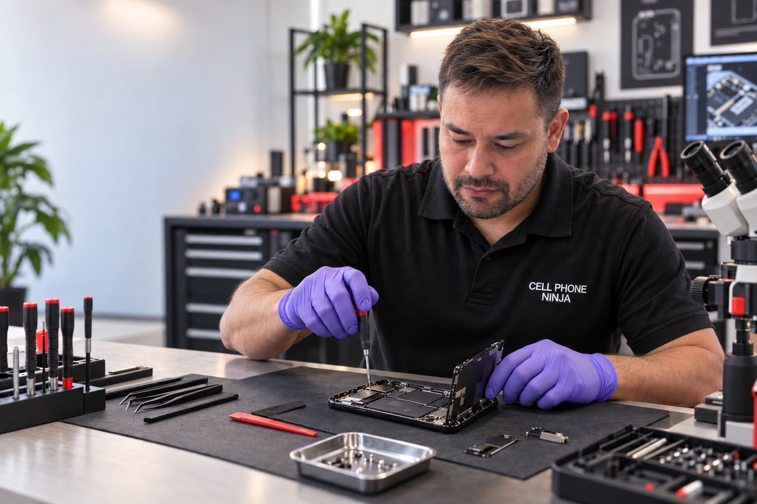 Technician repairing a tablet at the Cell Phone Ninja bench