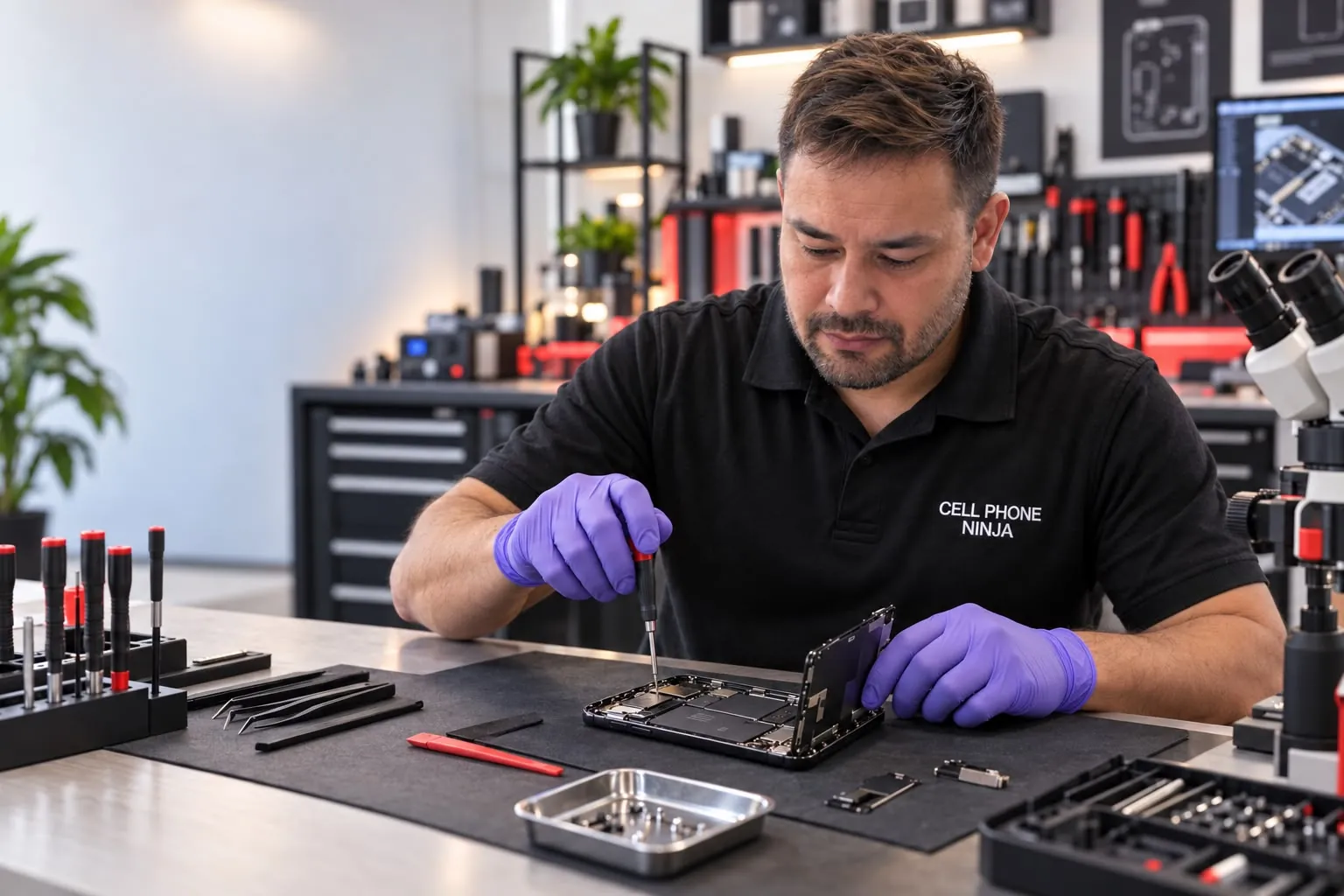 Phone repair at the Cell Phone Ninja bench
